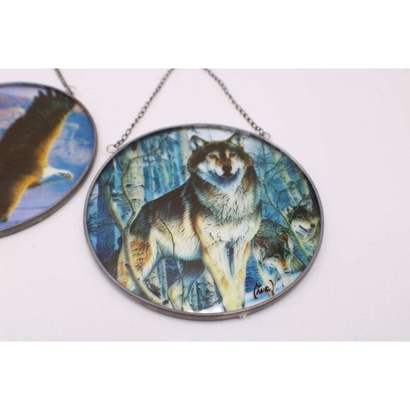 Al Agnew Wildlife Suncatchers Deer Eagle Wolf Round Metal Framed Home Decor Vtg - Picture 2 of 7